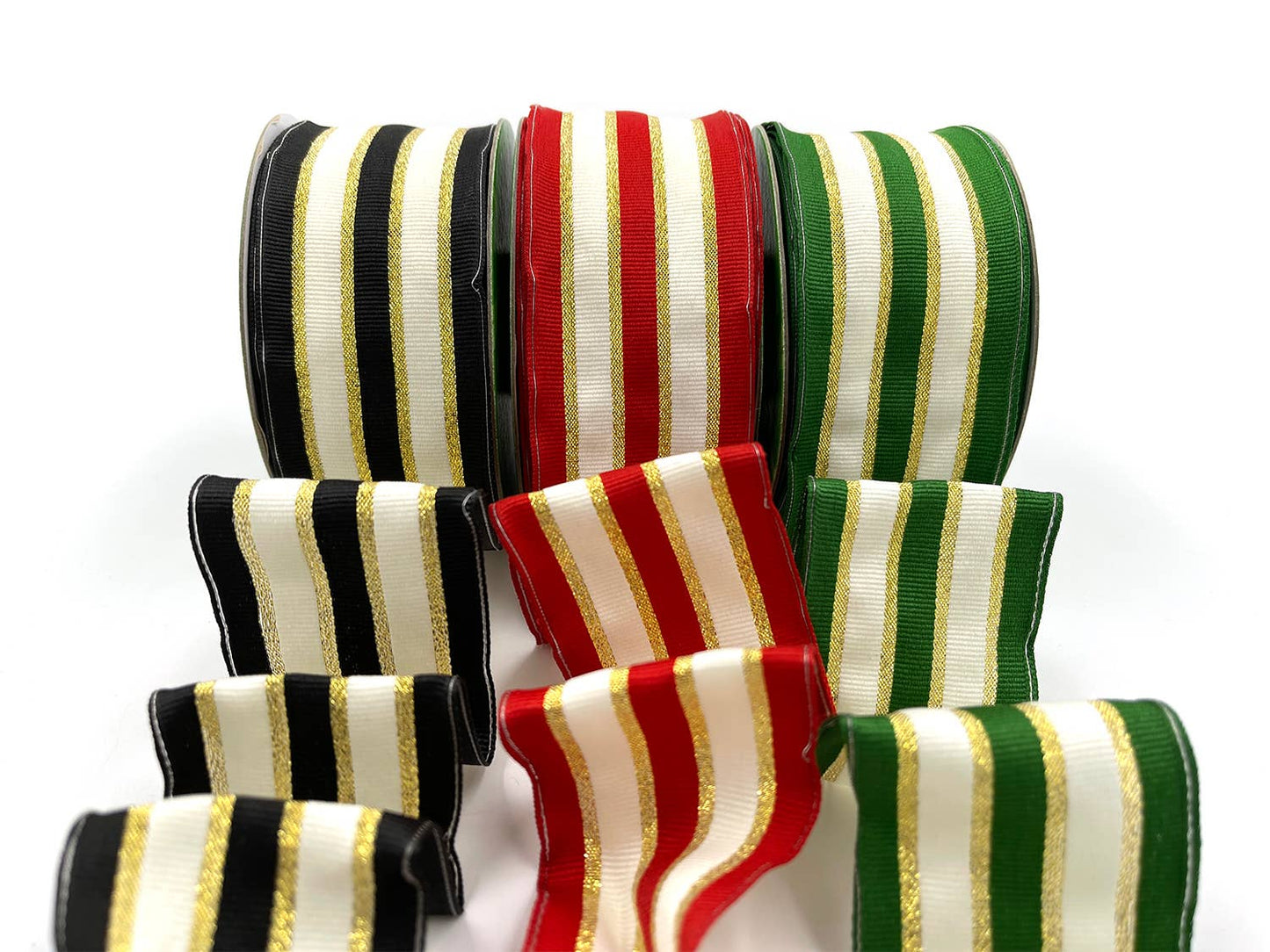 ~2" Red Woven Metallic Gold Stripe Wired Ribbon