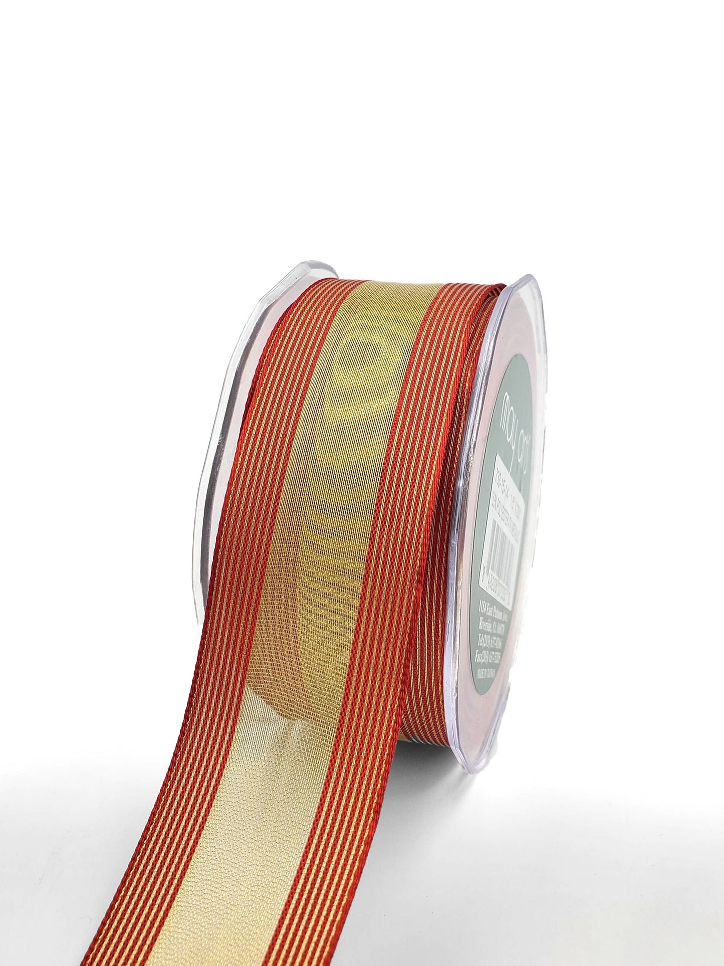 1.5" Sheer Gold Metallic Red Stripes Wired Ribbon