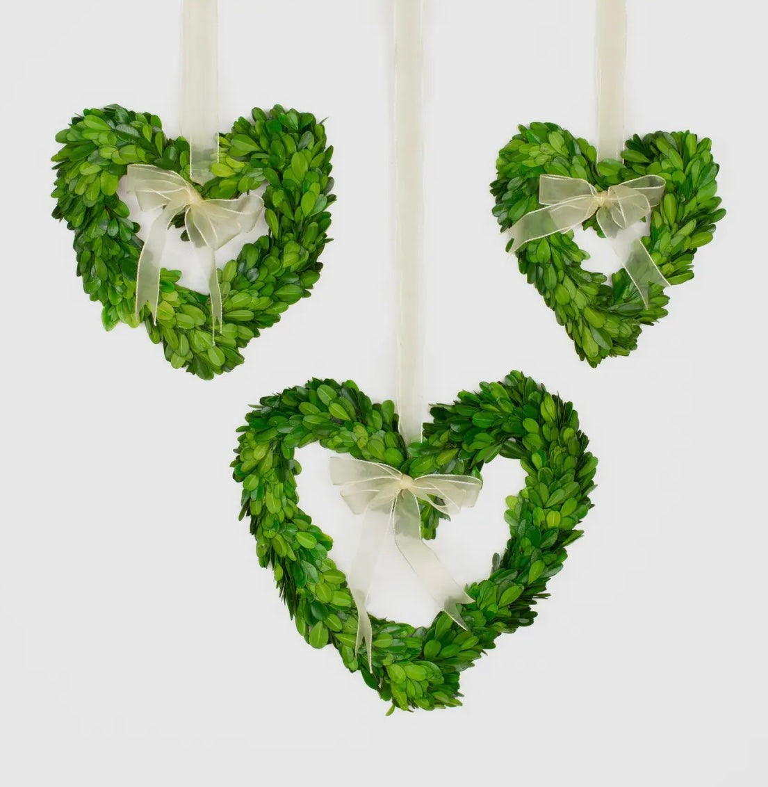 Preserved Boxwood Wreath - Hearts with Ribbon - 3 Piece Set