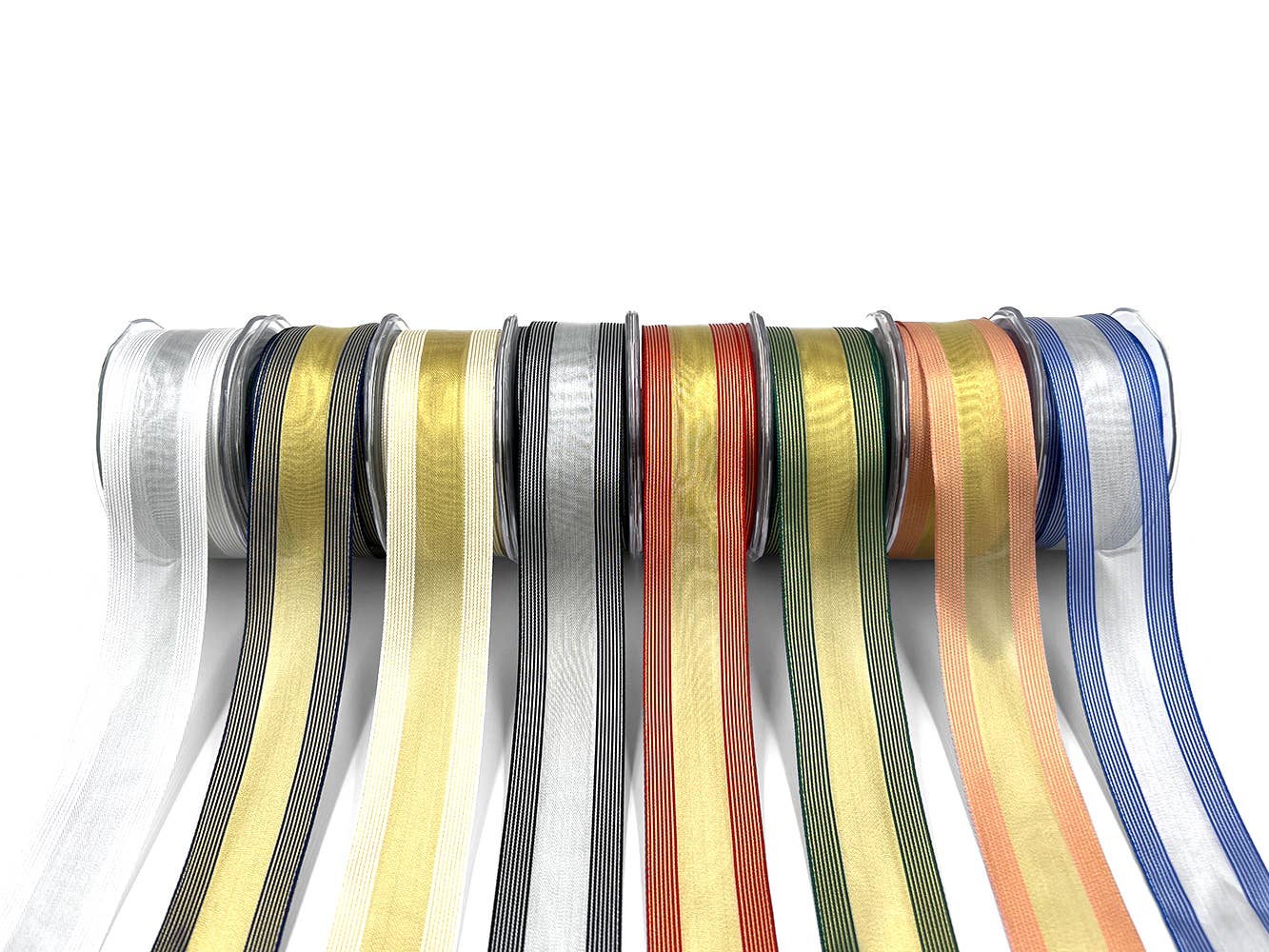 1.5" Sheer Gold Metallic Red Stripes Wired Ribbon
