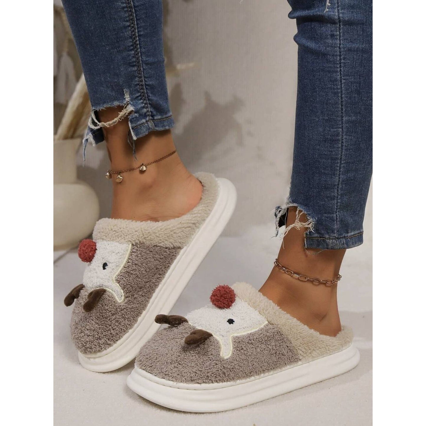 Cute Reindeer Plush Platform Slippers