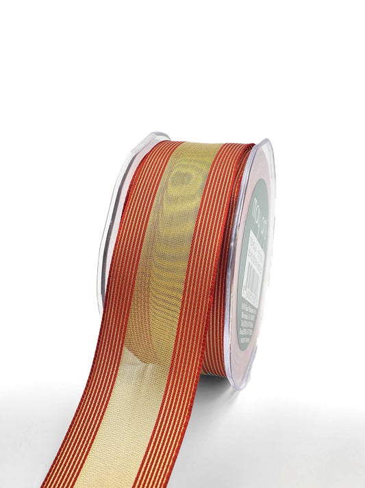 1.5" Sheer Gold Metallic Red Stripes Wired Ribbon