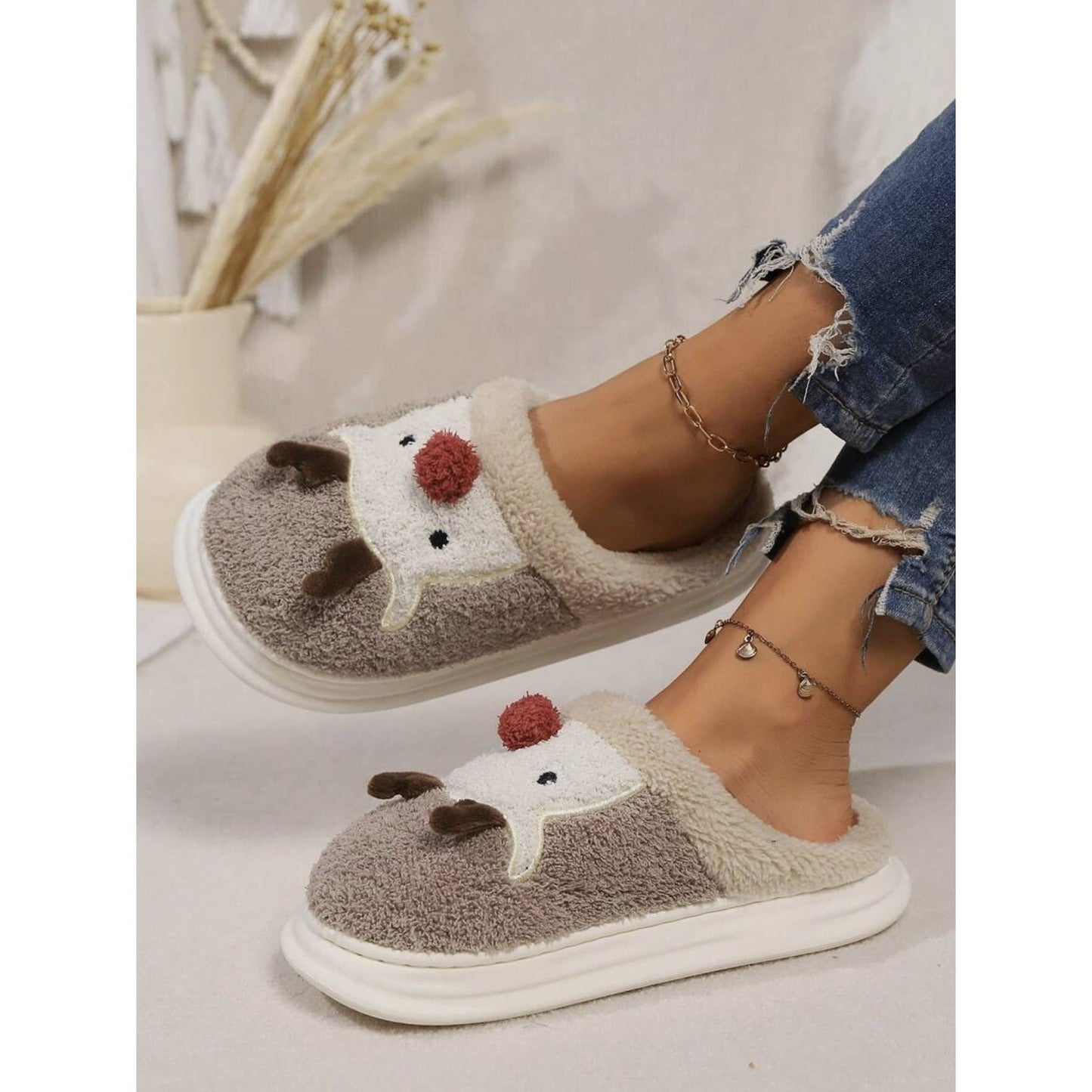 Cute Reindeer Plush Platform Slippers